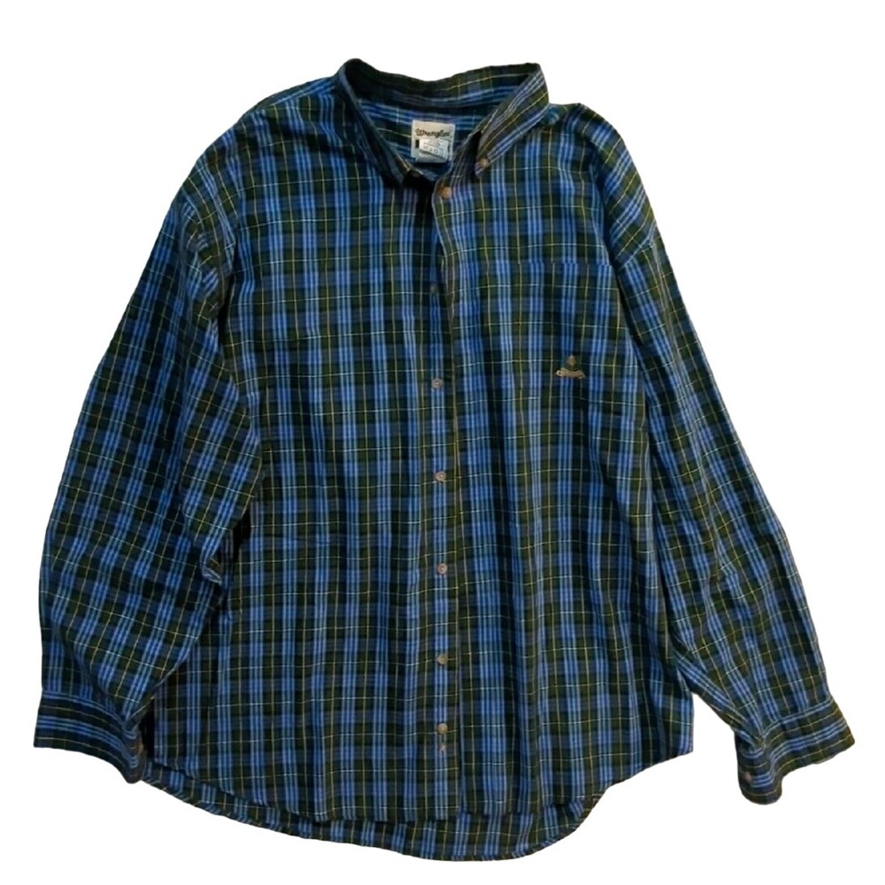 Wrangler Riata Mens Shirt XXL Blue Green Plaid Long Sleeve Button Cotton Blend